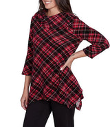 Ruby Rd. Womens Plaid Chenille Ribbed Knit Split Cowl 3/4 Sleeve Top