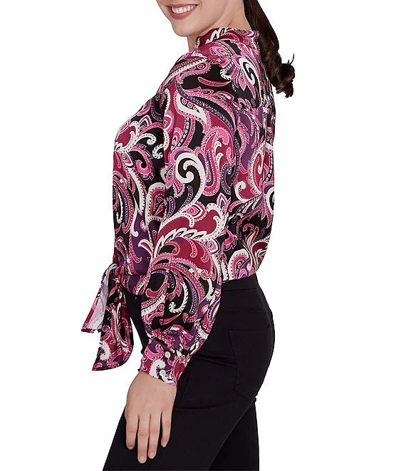 Ruby Rd. Womens Woven Paisley Front-Tie Long Sleeve Top