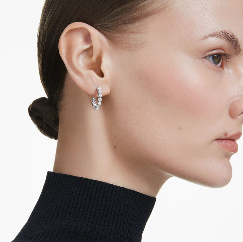 Swarovski Matrix Hoop Earrings - Crystal pearl, Round cut, White, Rhodium plated