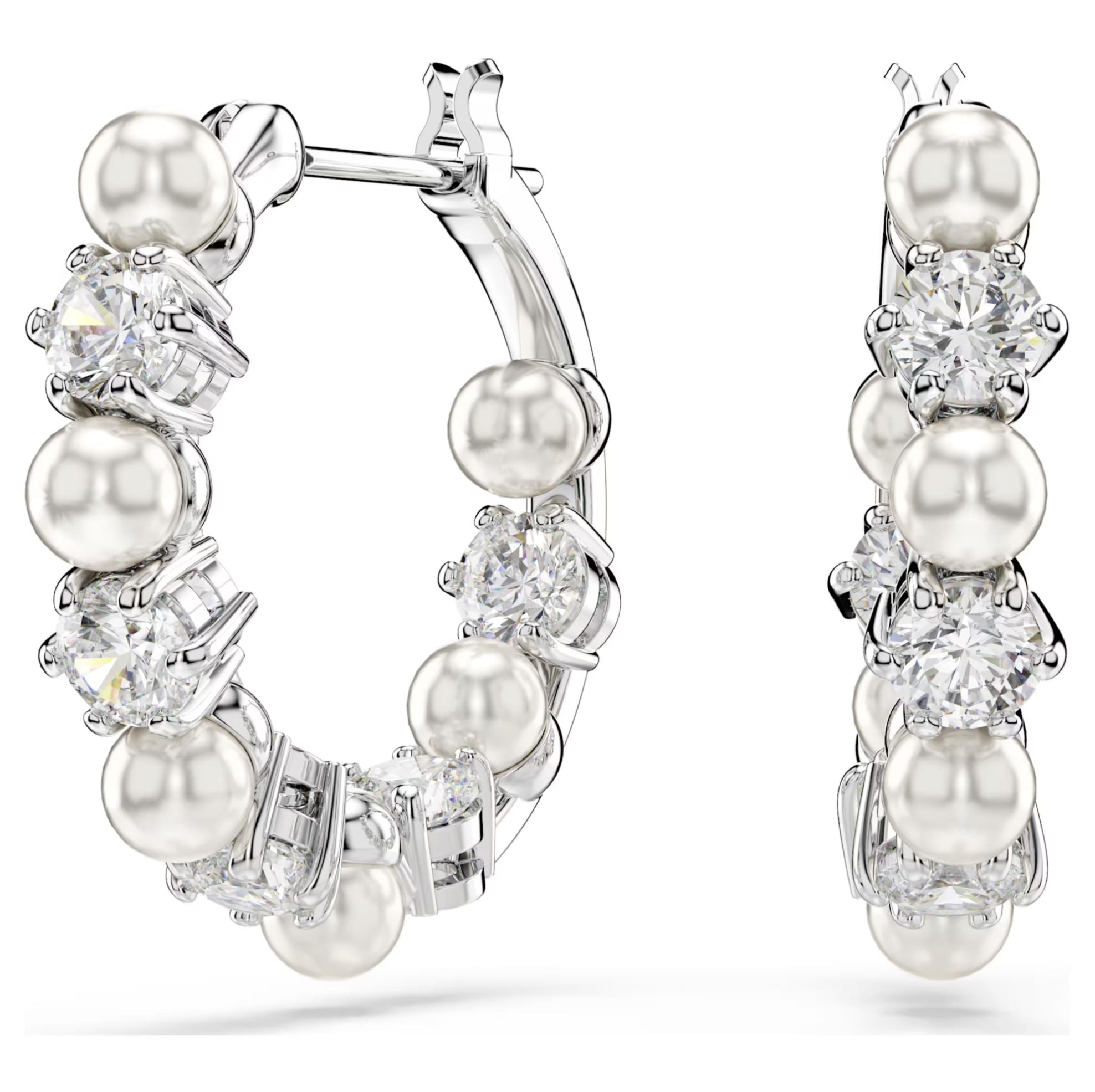 Swarovski Matrix Hoop Earrings - Crystal pearl, Round cut, White, Rhodium plated