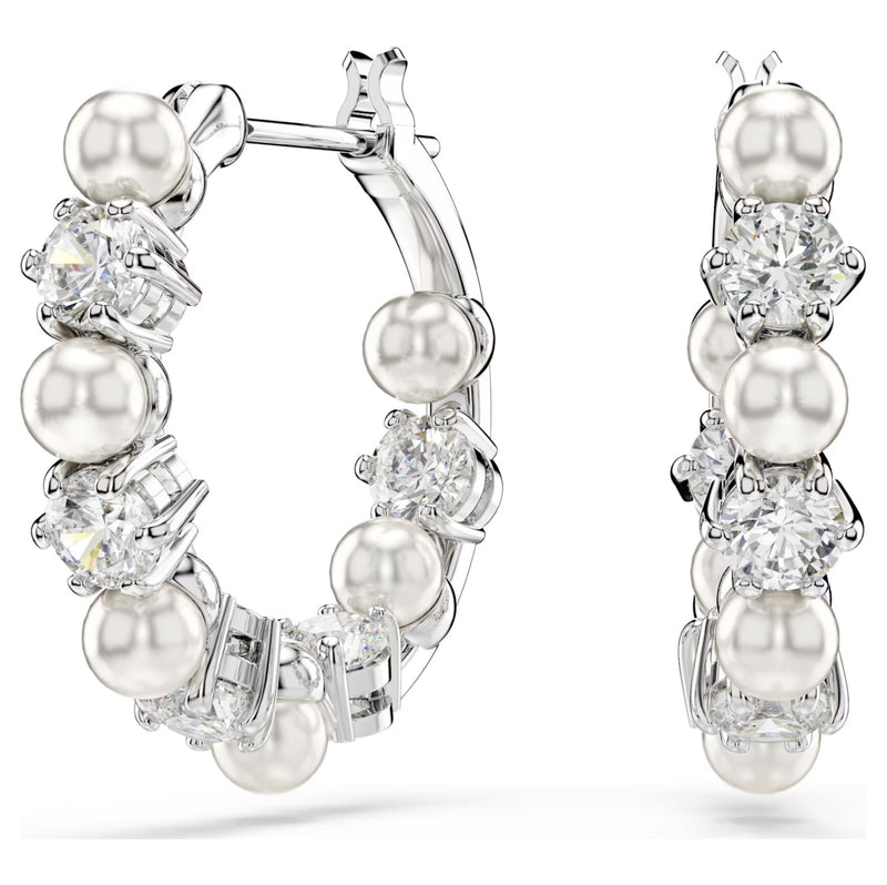 Swarovski Matrix Hoop Earrings - Crystal pearl, Round cut, White, Rhodium plated