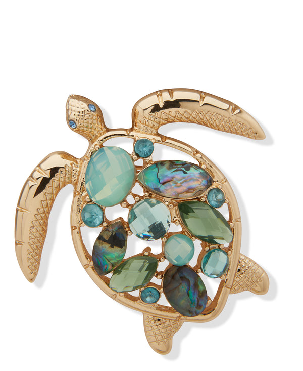 Anne Klein Boxed Gold-Plated Green Crystal Turtle Brooch
