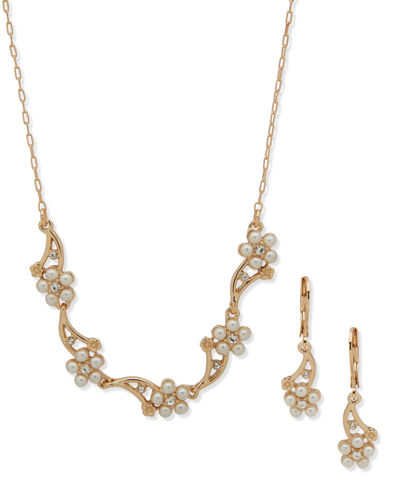 Anne Klein Gold-Plated Floral Pearl Necklace & Earring Set