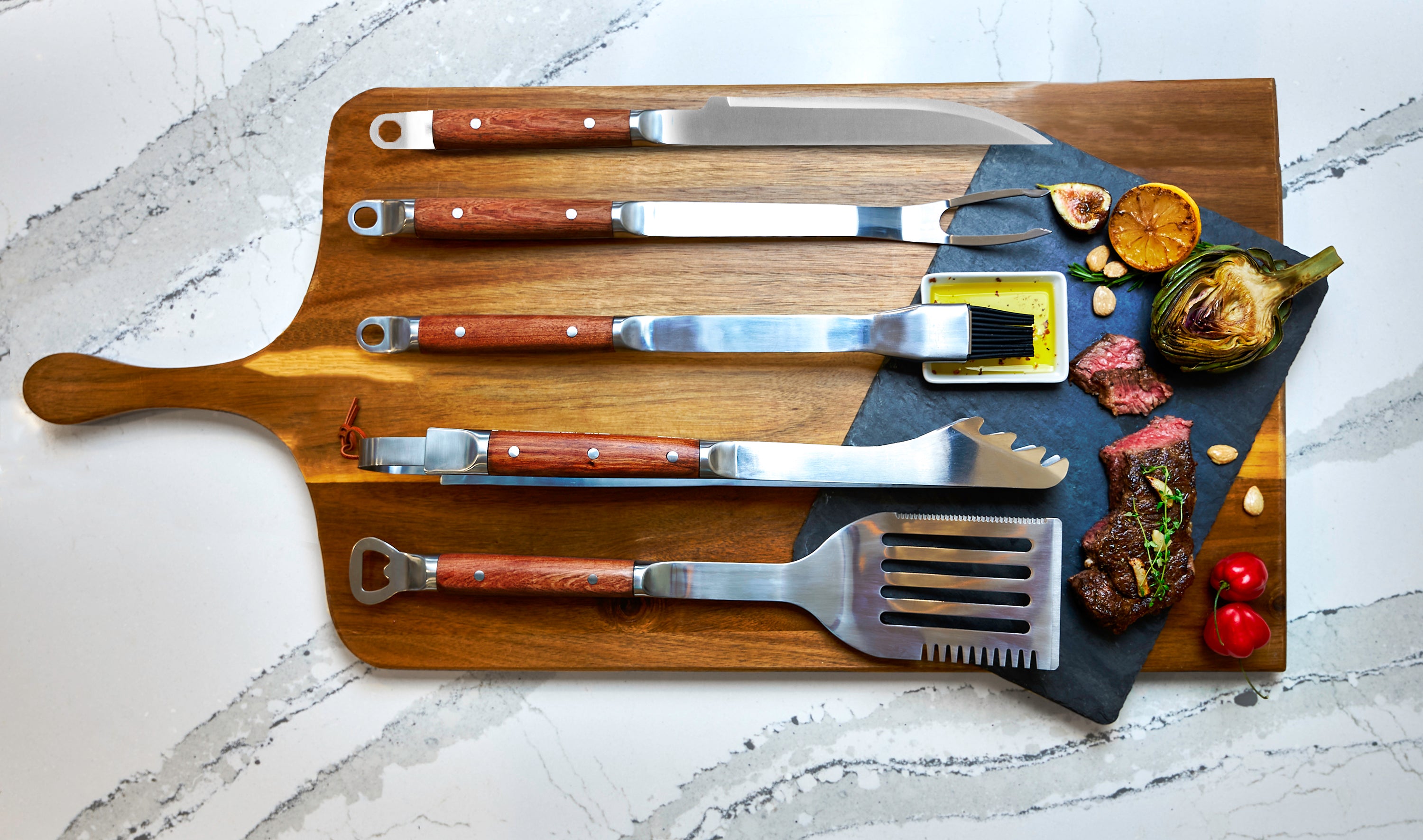 MR. BAR-B-Q 5-PIECE ROSEWOOD TOOL SET IN KRAFT BOX