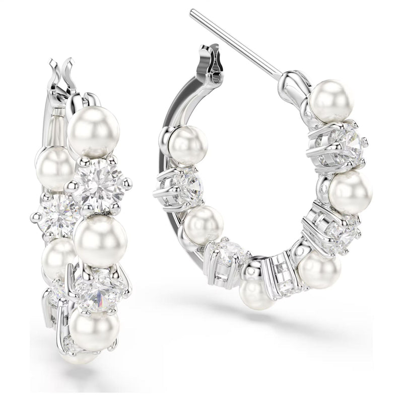 Swarovski Matrix Hoop Earrings - Crystal pearl, Round cut, White, Rhodium plated