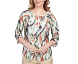 Ruby Rd. Womens Scoop Neck Ikat 3/4 Sleeve Top