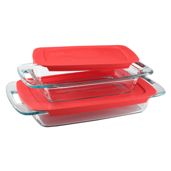 Pyrex Easy Grab Rectangular Glass Bakeware Set with Red Lids - 4 Piece