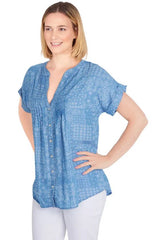 Democracy Womens Bandana Print Short Sleeve Button Down Top