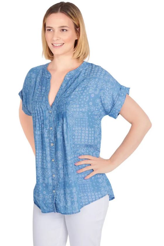 Democracy Womens Bandana Print Short Sleeve Button Down Top