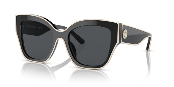 Tory Burch Butterfly Non-Polarized Sunglasses - Black with Ivory Pipping/Solid Gray