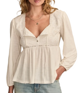 Lucky Brand Womens Embroidered Yoke Square Neck Top