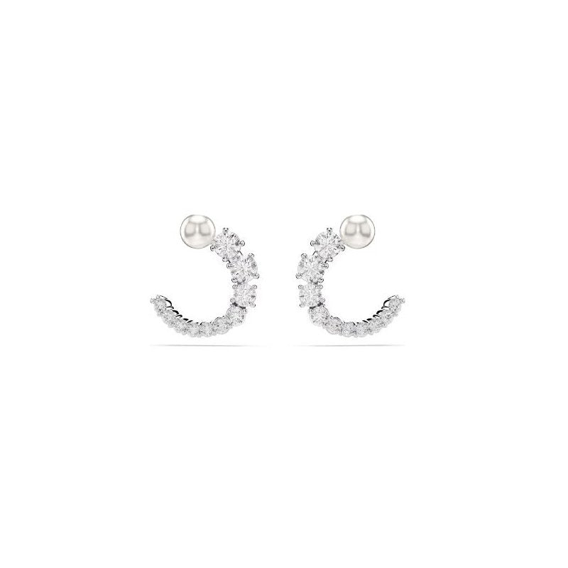 Swarovski Matrix Stud Earrings - Crystal Pearl, Round Cut, White, Rhodium Plated