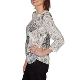 Alfred Dunner Womens Geo Leaf Patchwork Knit Top