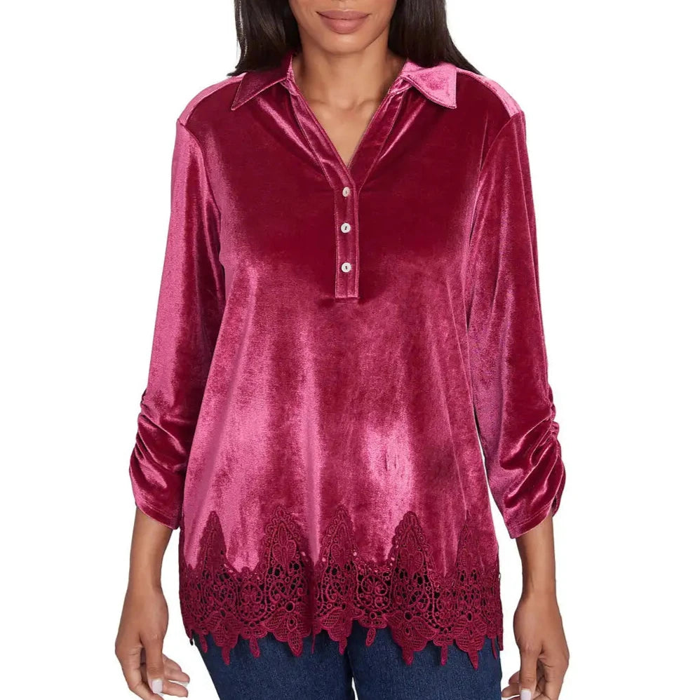 Ruby Rd. Womens Stretch Velvet Lace Trim Top