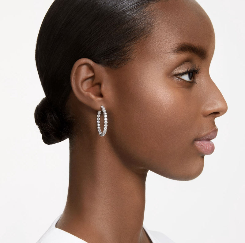 Swarovski Matrix Hoop Earrings - Round cut, White, Rhodium plated