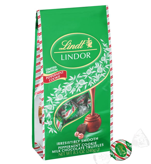 Lindt LINDOR Holiday Limited Edition Peppermint Cookie Milk Chocolate Candy Truffles with Smooth Peppermint Truffle Center 8.5 oz. Bag