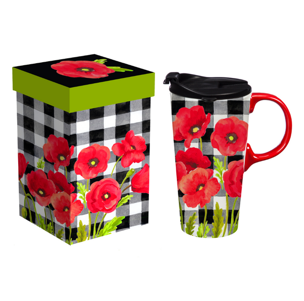 Evergreen Poppies and Plaid Ceramic Travel Cup with Box - 17 oz.