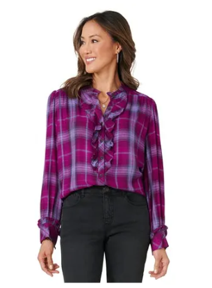 Democracy Womens Ruffle Neck Long Sleeve Plaid Shirt