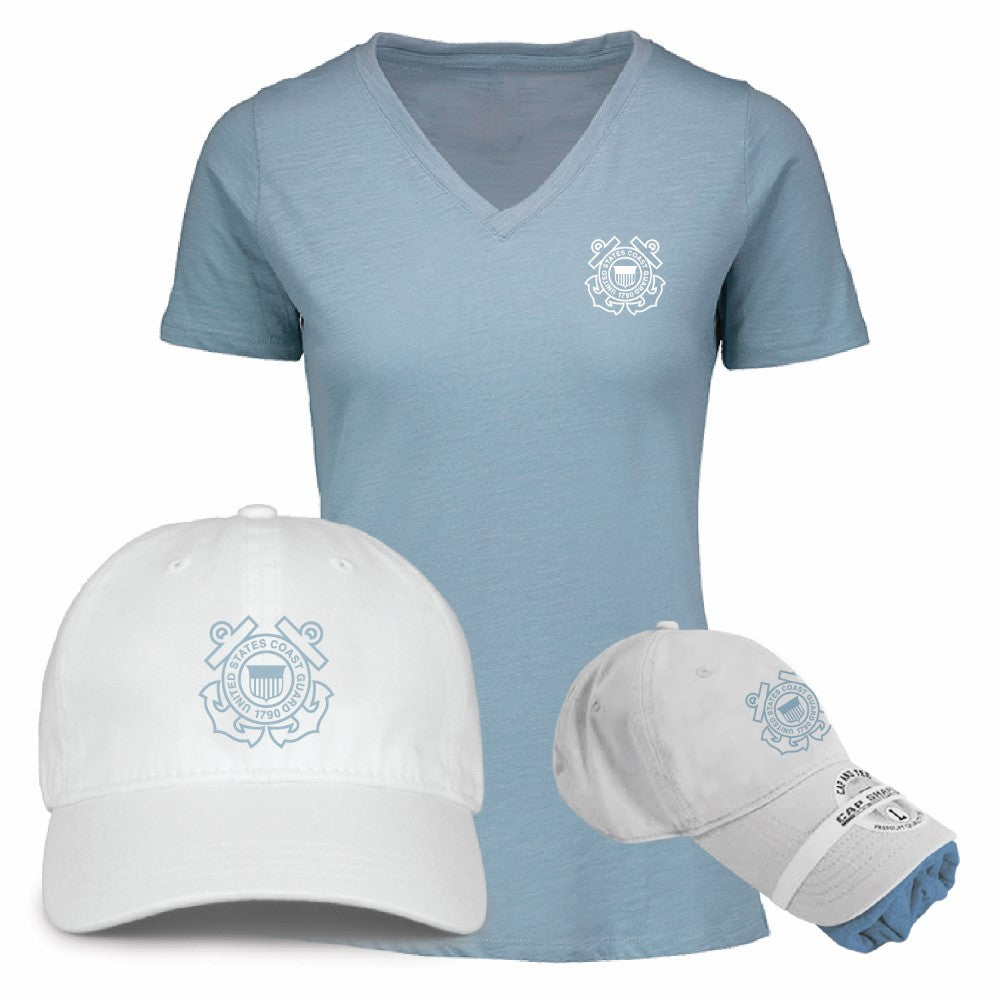 Coast Guard Womens Crew Cap & V-Neck Short Sleeve T-Shirt Combo