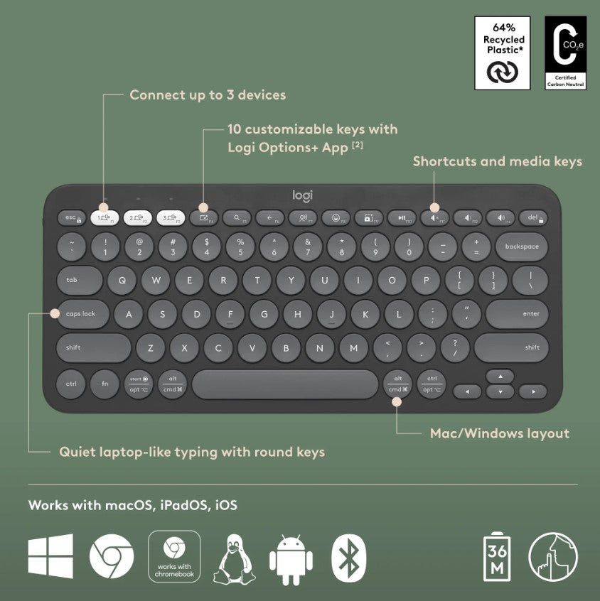 Logitech Pebble Keys 2 Slim TKL Wireless Scissor Keyboard for Windows, macOS, iPadOS, Chrome