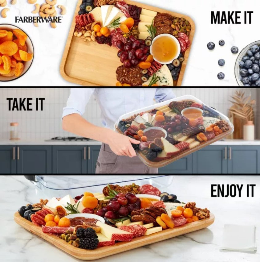 Farberware 11"x14" Build-a-Board Charcuterie Bamboo Board with Locking Lid and Black Handle