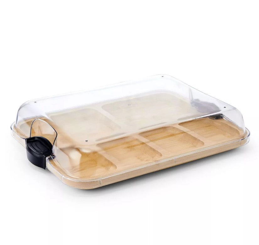 Faberware 11"x14" Build-a-Board Charcuterie 6 pkt Bamboo Board with Locking Lid and Black Handle