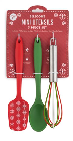 Core Kitchen 3-Piece Mini Silicone Utensil Set with Whisk - Red Snowflakes