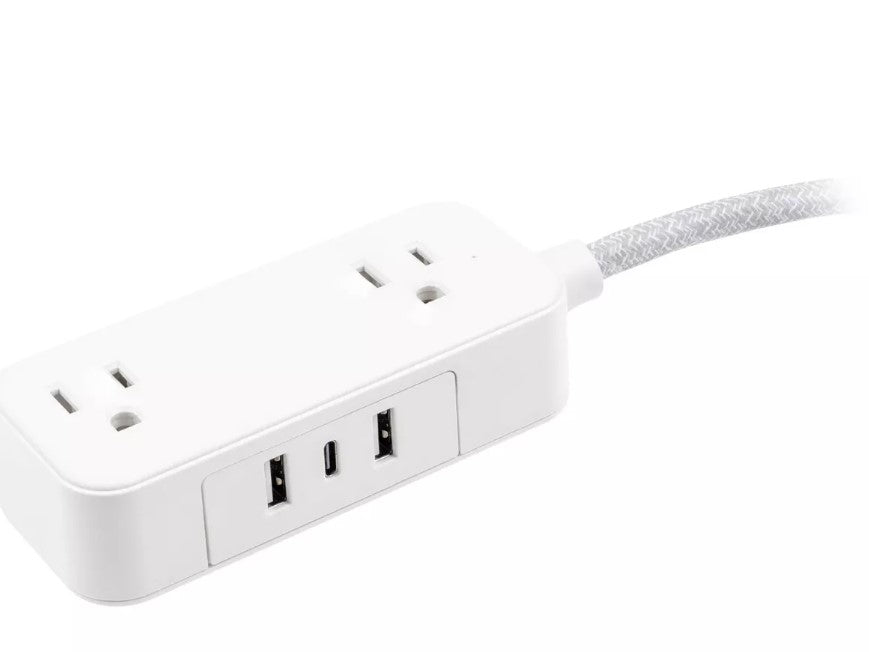 GE 2-Braided Outlet Extension Cord 2 USB-A 1 USB-C 12W 6ft