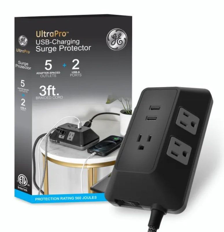 GE 5-Outlet 2-USB 3ft. Surge Protector with Adapter-Spaced Outlets