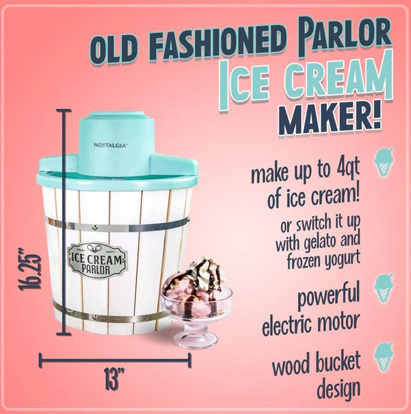 Nostalgia 4-Quart Parlor Wood Bucket Electric Ice Cream Maker