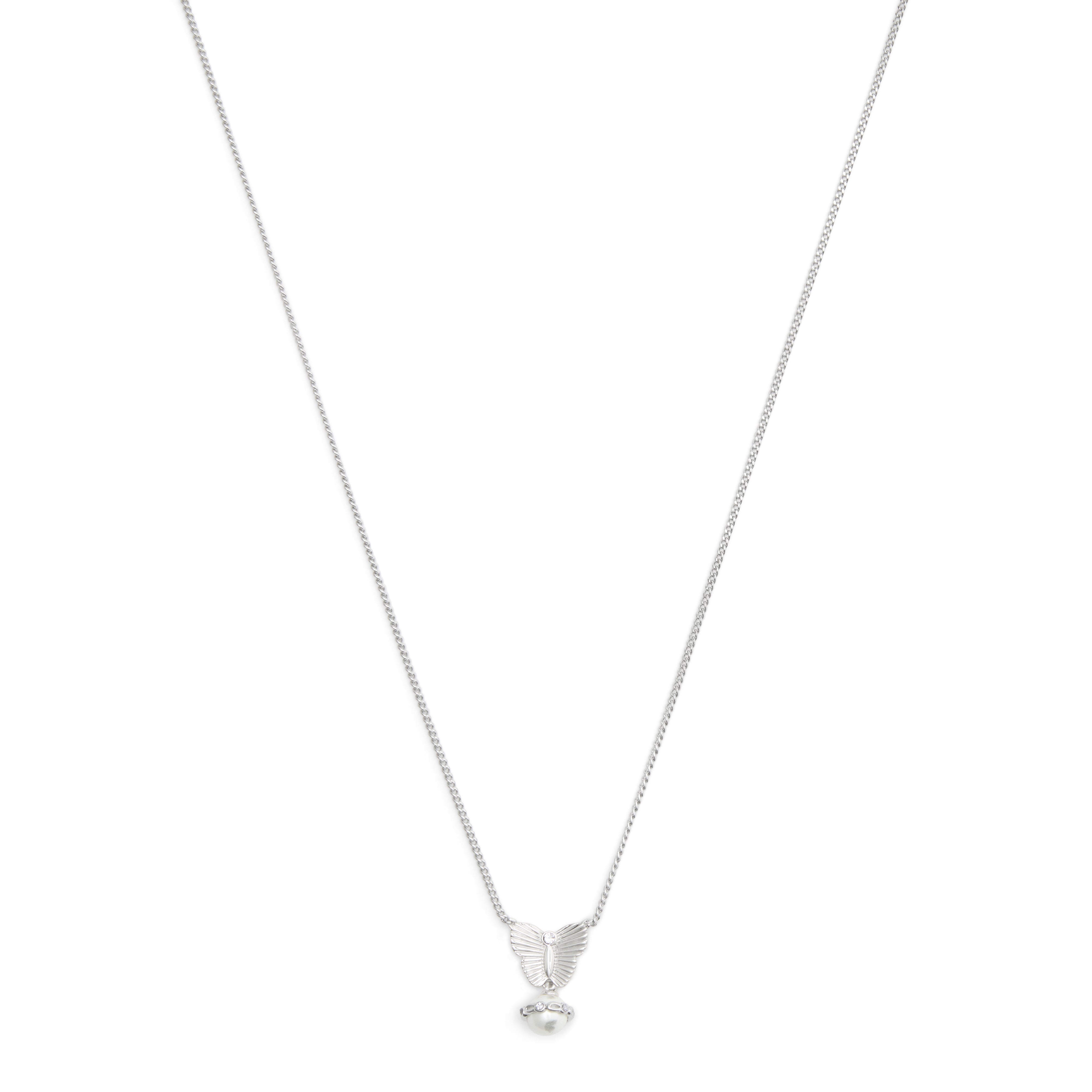 Coach Signature Heritage Butterfly Pearl Pendant Necklace - Silver-Tone