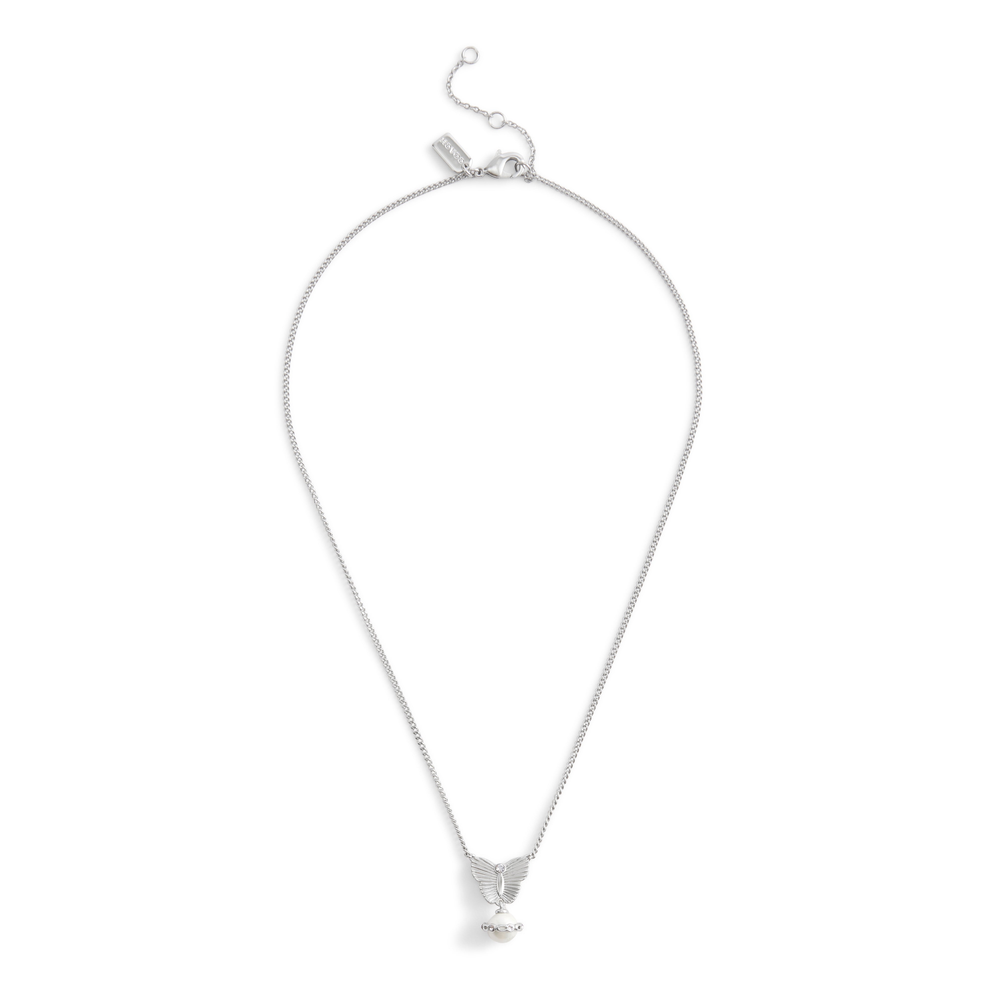 Coach Signature Heritage Butterfly Pearl Pendant Necklace - Silver-Tone