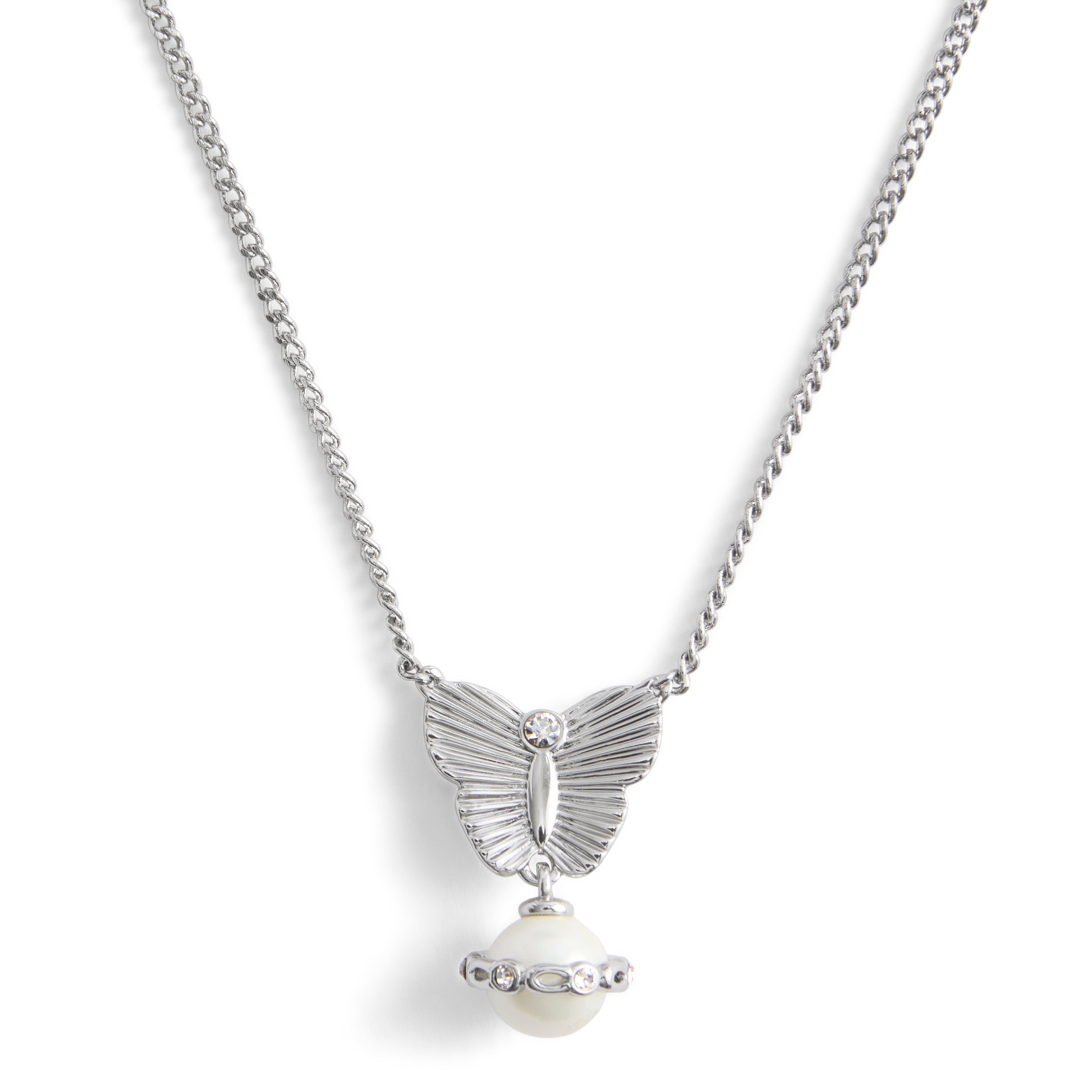 Coach Signature Heritage Butterfly Pearl Pendant Necklace - Silver-Tone