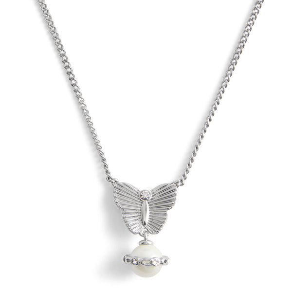 Coach Signature Heritage Butterfly Pearl Pendant Necklace - Silver-Tone