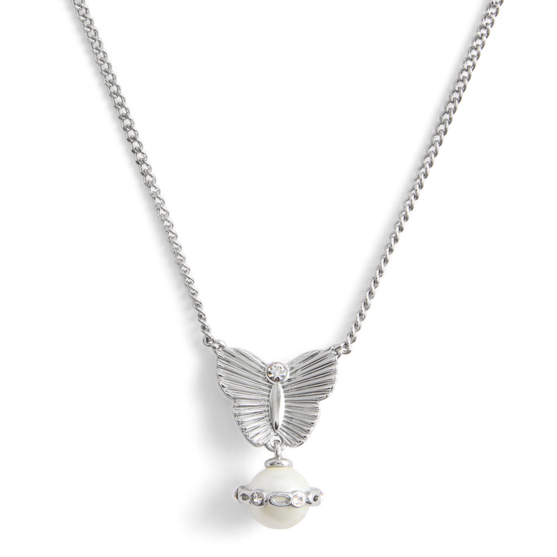 Coach Signature Heritage Butterfly Pearl Pendant Necklace - Silver-Tone