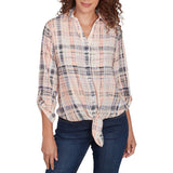 LS ROLL TAB PAINTED PLAID TIE FRT BLOUSE
