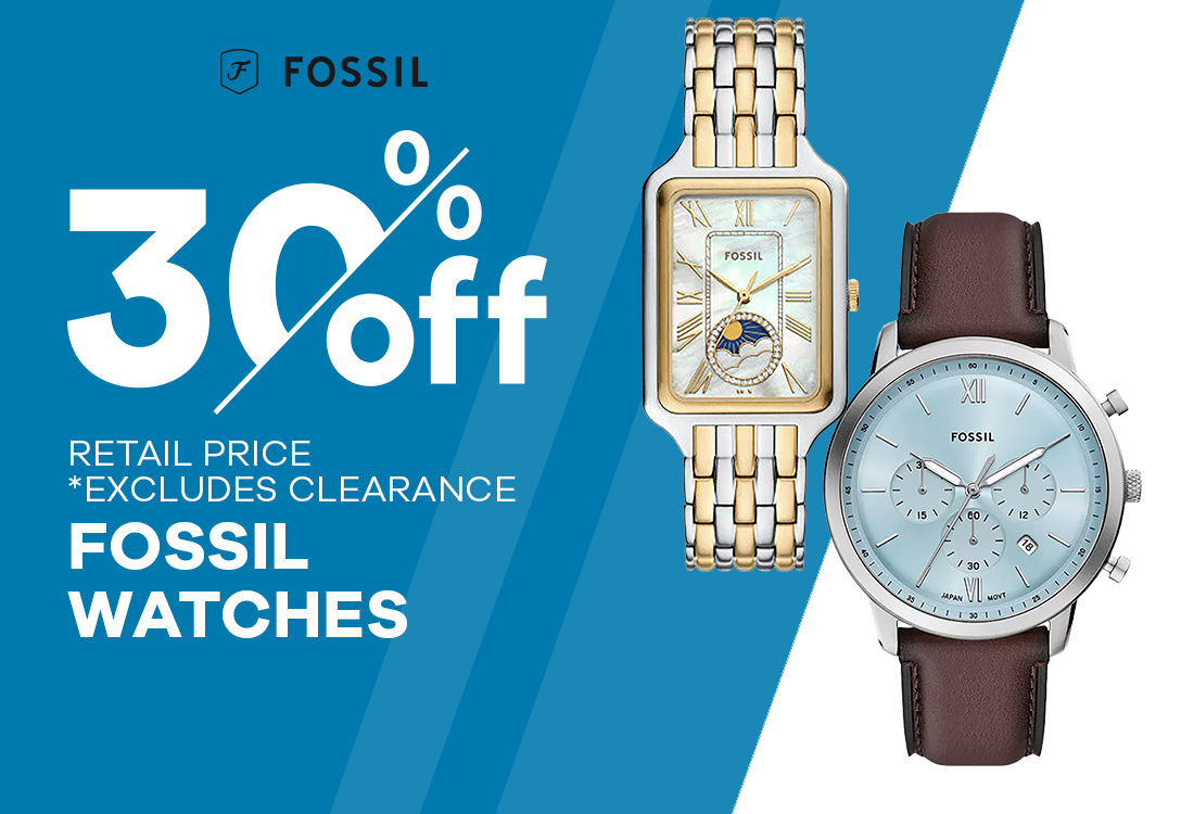Two Fossil watches with a promotional banner indicating a 30% discount on retail price.