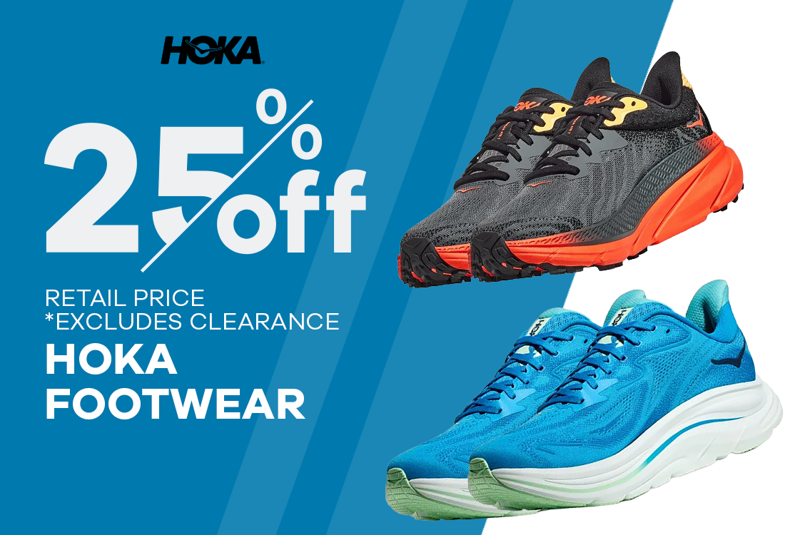 Hoka running shoes with promotional text on a blue background