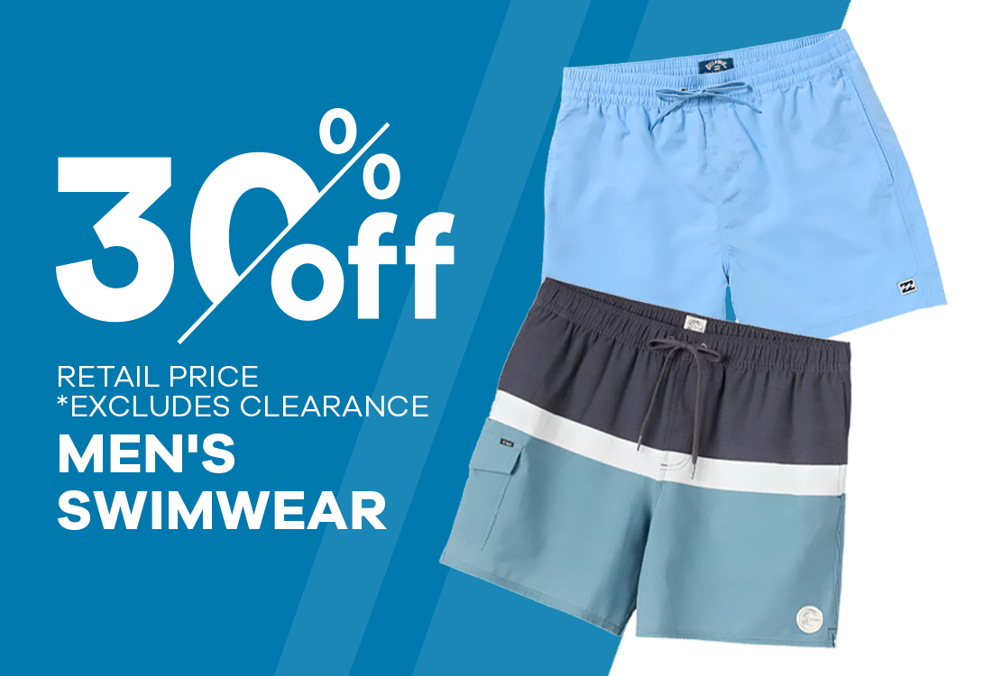 Promotional image of men's swimwear with a discount offer on a blue background