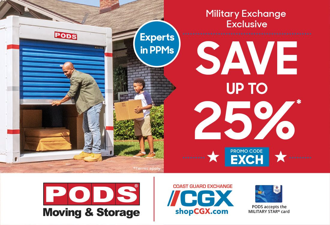 Advertisement for PODS Moving & Storage with a storage unit and people, featuring a promotion for military exchange customers.
