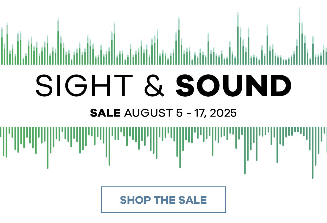 Promotional graphic for 'Sight & Sound' sale with green sound wave pattern on a white background.