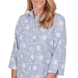 Ruby Road Womens Puff Print Pinstripe Embroidered Button Down Top