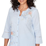Ruby Rd. Women's Striped Floral Embroidered Button Down Top