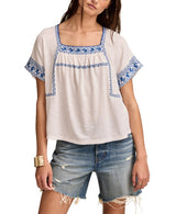 Lukcy Brand Womens Embroidered Short-Sleeve Cotton T-Shirt