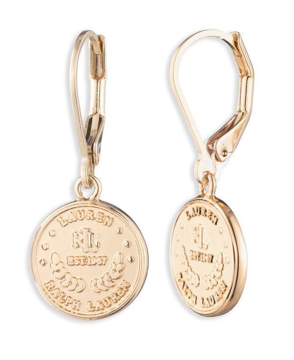 Lauren Ralph Lauren Gold Tone Coin Logo Drop Earrings