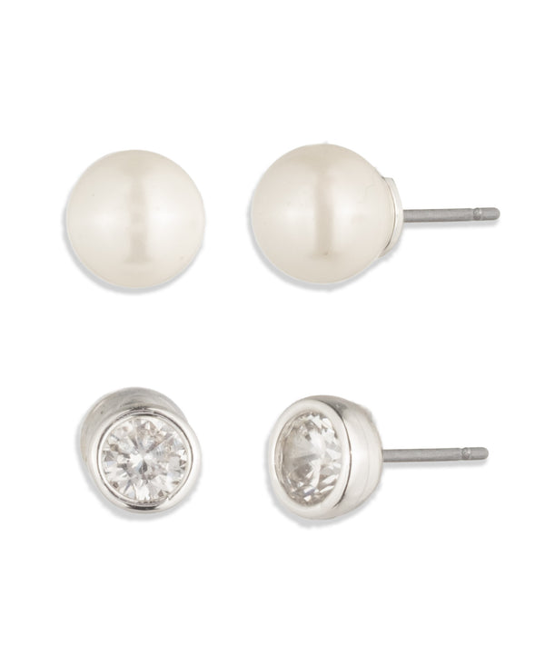 Lauren Ralph Lauren Silver-Tone Pearl Cubic Zirconia Duo Stud Earring Set