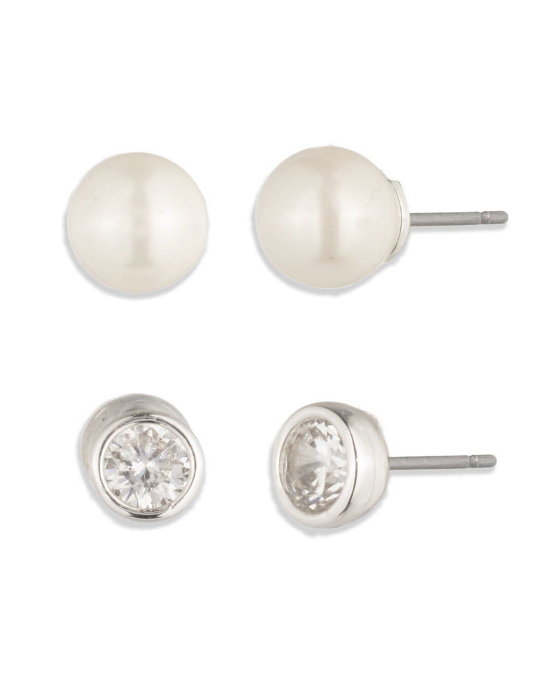 Lauren Ralph Lauren Silver-Tone Pearl Cubic Zirconia Duo Stud Earring Set