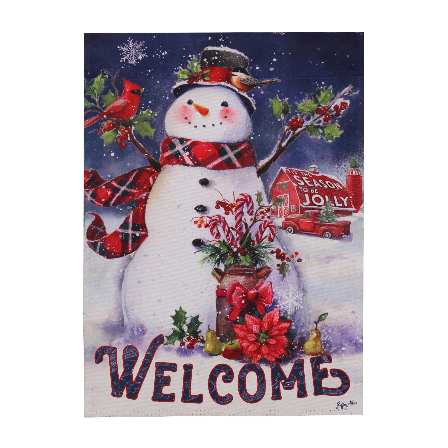 Evergreen Christmas Barn Snowman Garden Suede Flag