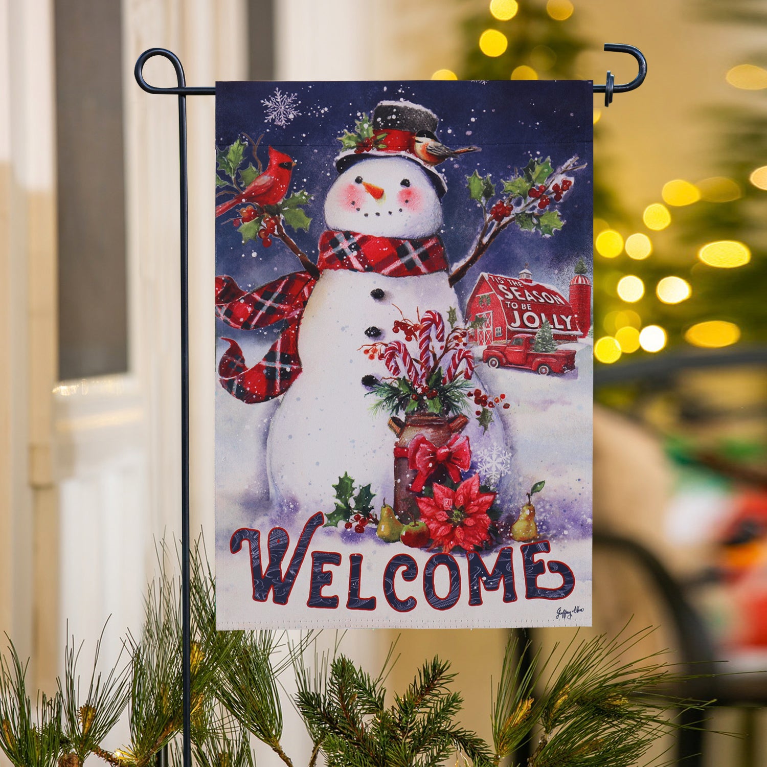 Evergreen Christmas Barn Snowman Garden Suede Flag