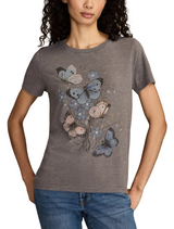 Lucky Brand Womens Floral Butterfly Motif Classic Crew Short Sleeve T-Shirt